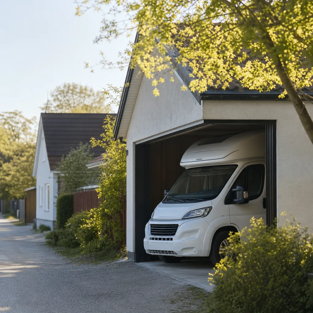Garageförvaring husbil — träbyggnad med port