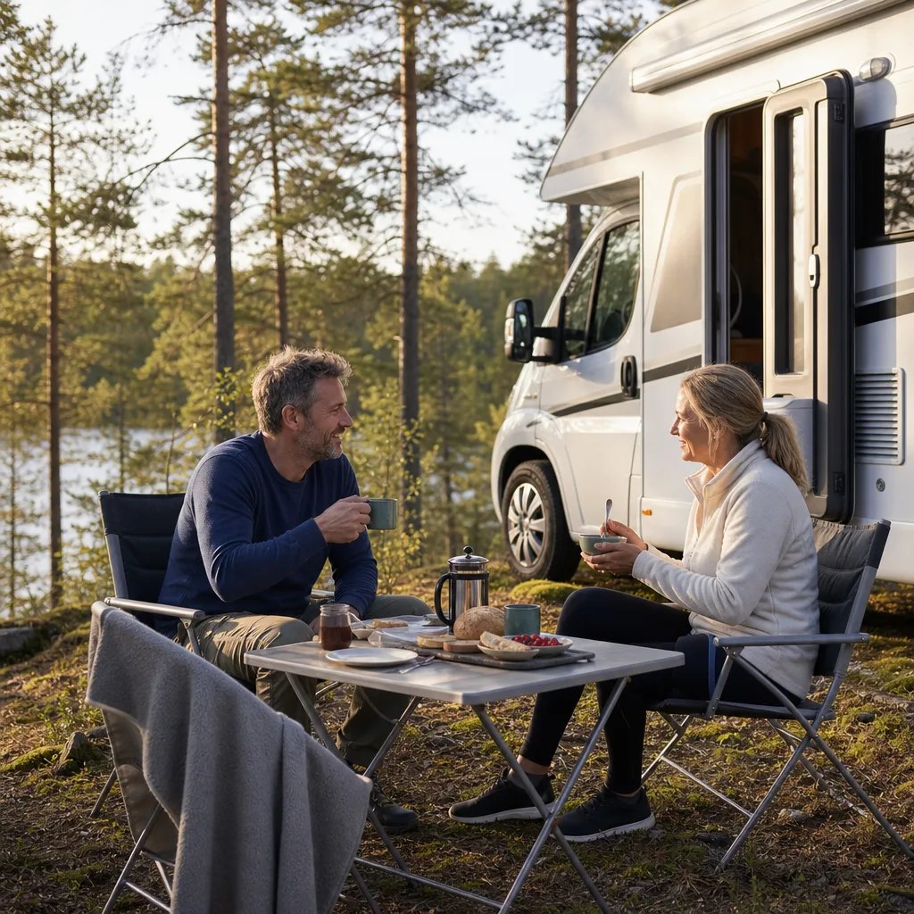 Hobby husbil — frukost i interiör