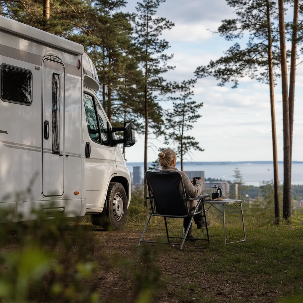 Hymer husbil — premium-modell vid svensk sjö