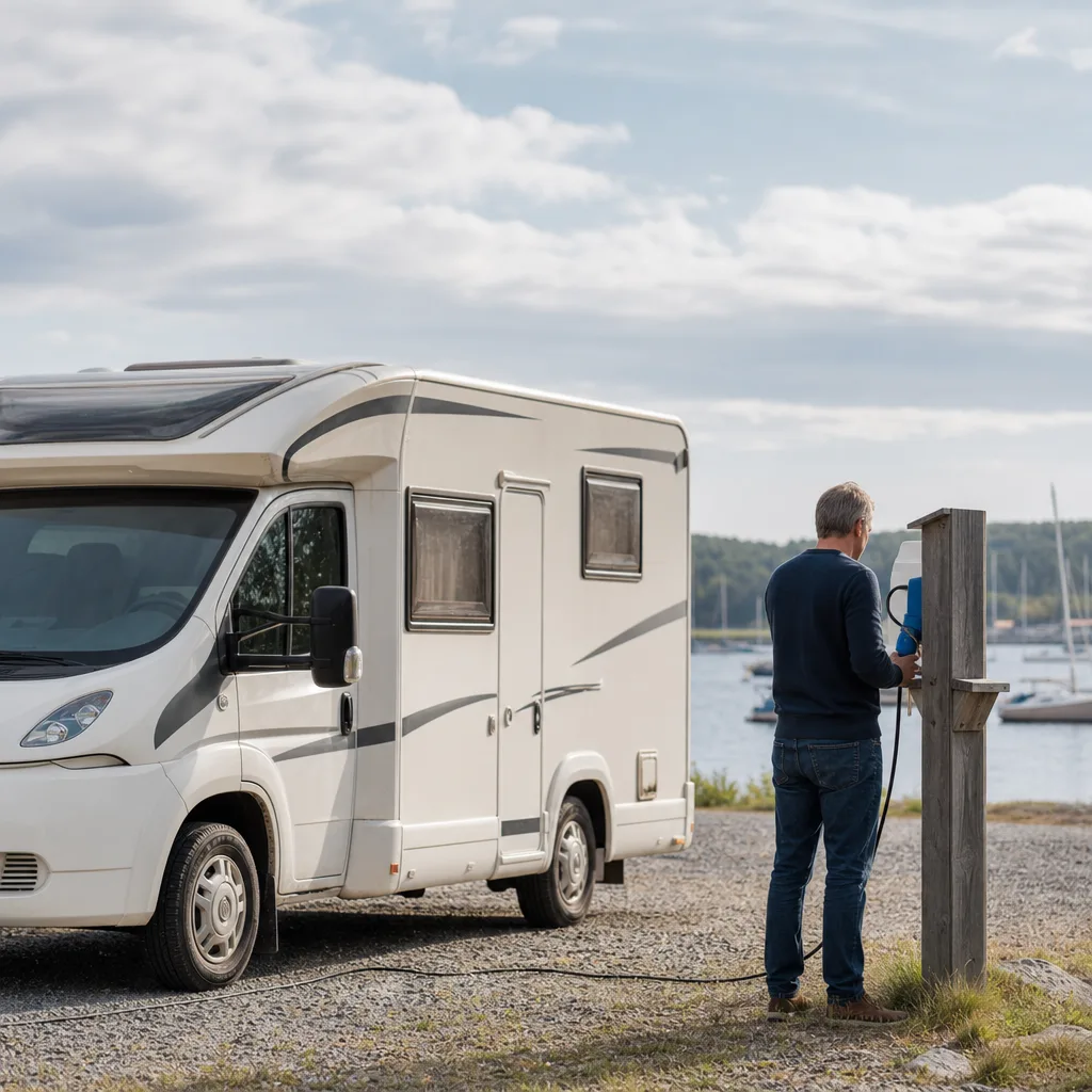 Import husbil — rad nya husbilar vid hamn