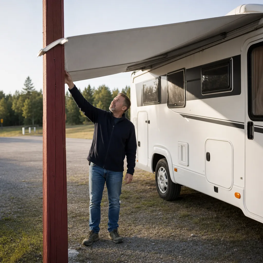 Markis husbil — utfälld markis vid campingplats