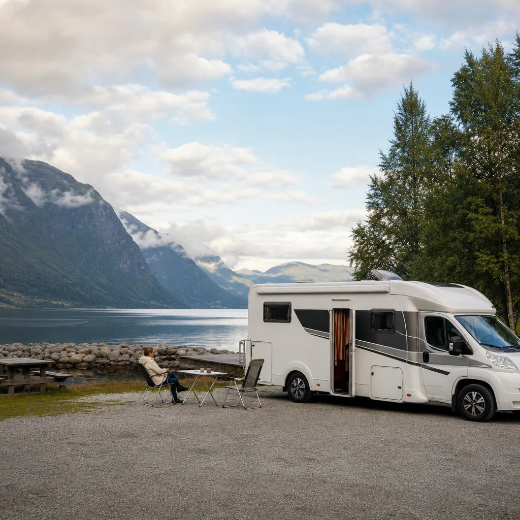 Husbil i Norge — kustväg vid fjord